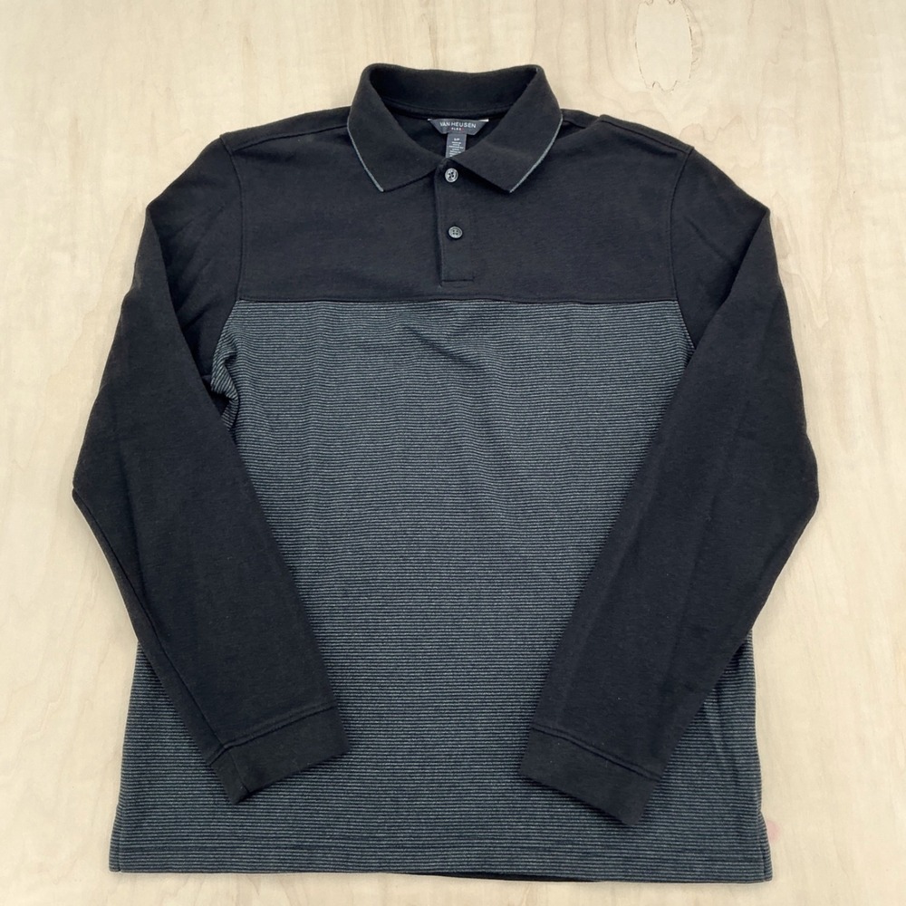 Van Heusen Polo Shirt Mens Small Black Gray Colorblock Striped Long Sleeve Polo